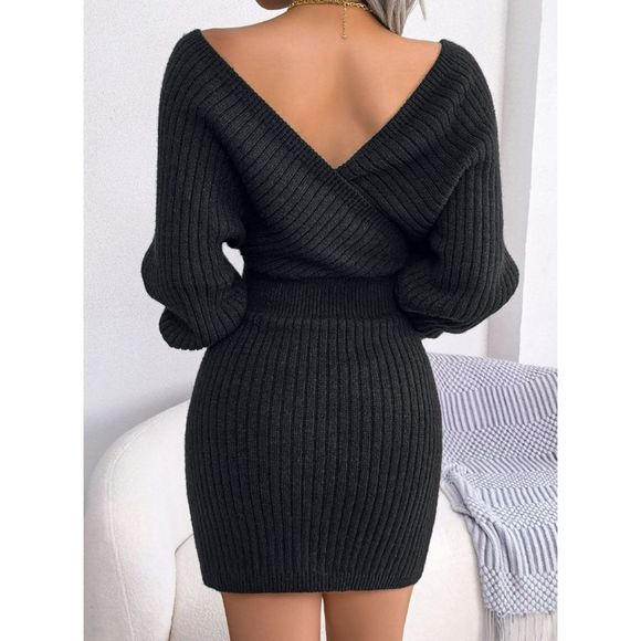Black Rib-Knit Sweater Dress - Picture 4 of 9